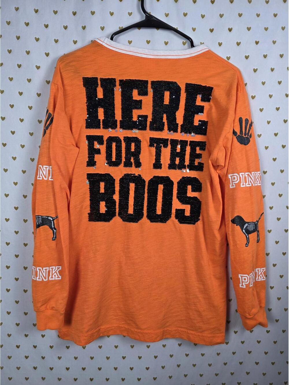 Victorias Secret PINK HTF HALLOWEEN Here for the BOOS BLING Tee Lace front SMALL